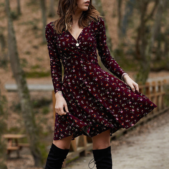 Elegant Floral Long Sleeve Party Dress