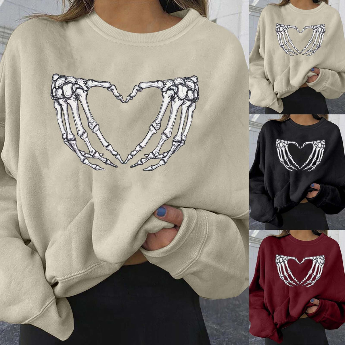 Elegant Skull Print Crew Neck Sweatshirt for Women