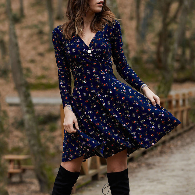 Elegant Floral Long Sleeve Party Dress