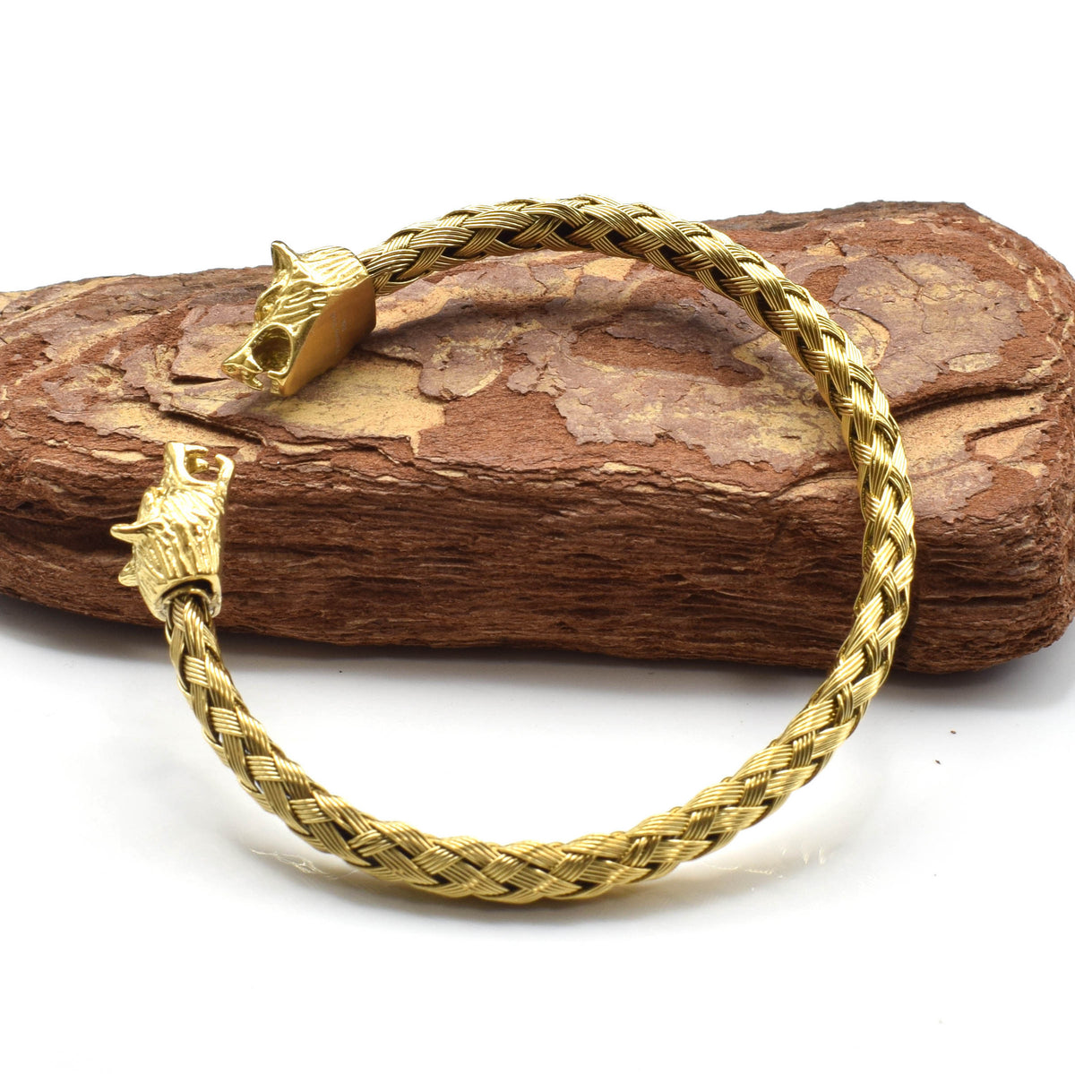 Bracelet Tressé en Acier avec Tête de Loup Nordique