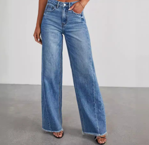 Jean droit bleu sophistiqué taille haute