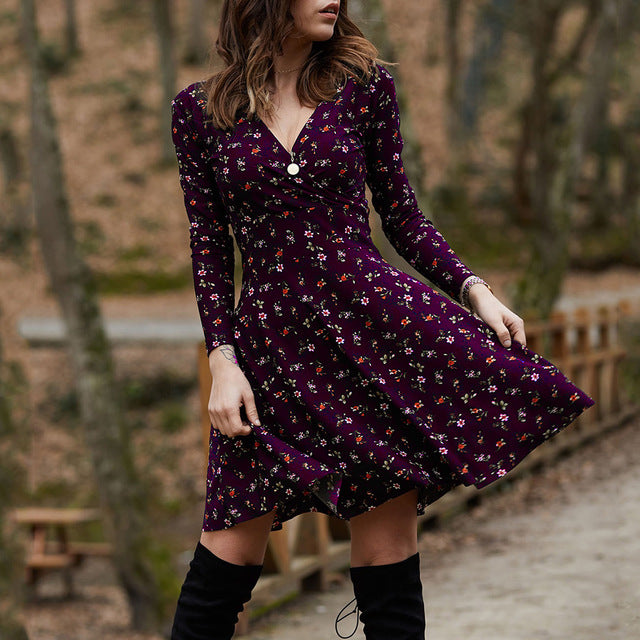 Elegant Floral Long Sleeve Party Dress