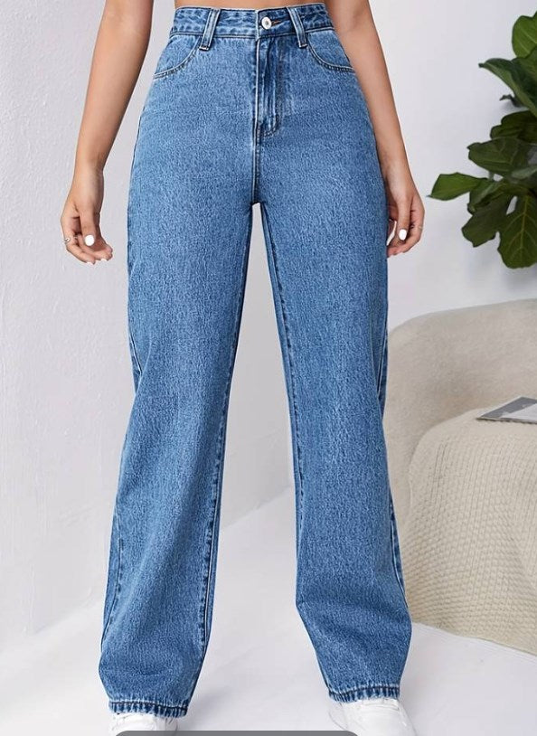 Jean droit bleu sophistiqué taille haute