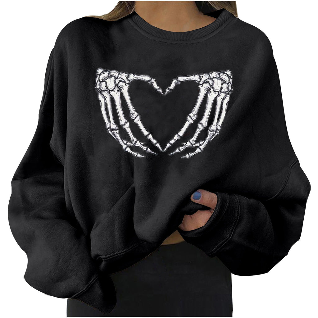 Elegant Skull Print Crew Neck Sweatshirt for Women