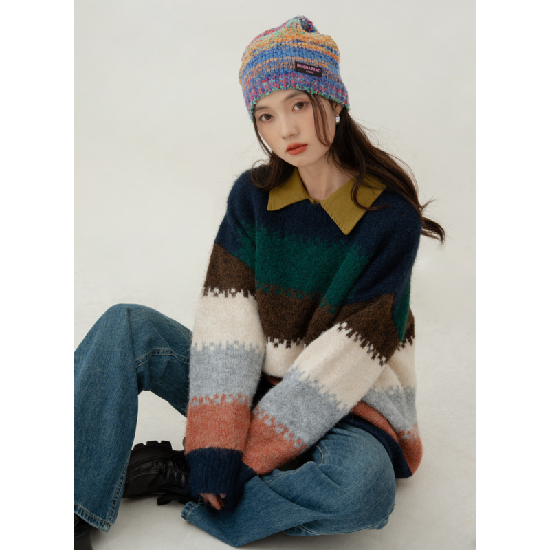 Pull en tricot rayé bleu marine rétro pour femme