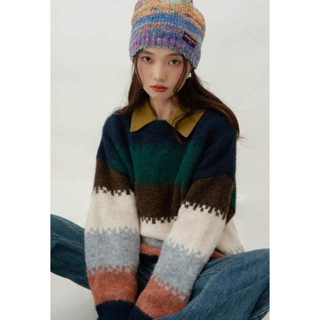 Pull en tricot rayé bleu marine rétro pour femme