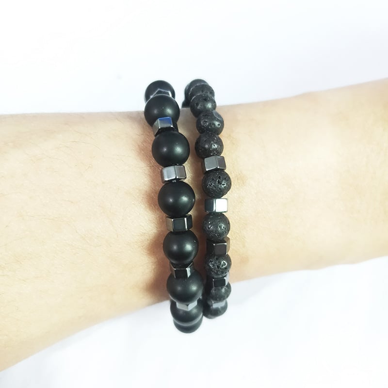 Black Lava Glass Bead Bracelet for Men