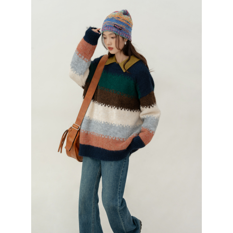 Pull en tricot rayé bleu marine rétro pour femme