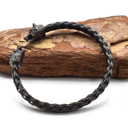 Bracelet Tressé en Acier avec Tête de Loup Nordique