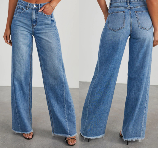 Jean droit bleu sophistiqué taille haute