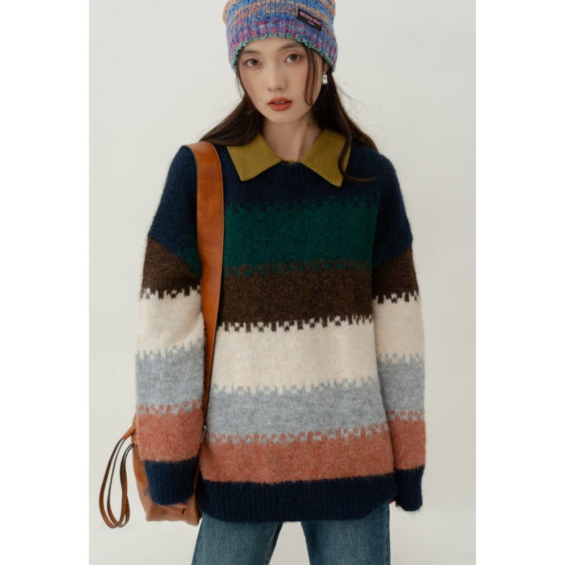 Pull en tricot rayé bleu marine rétro pour femme