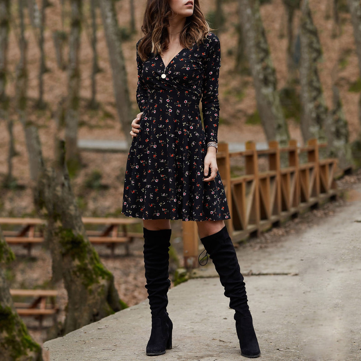 Elegant Floral Long Sleeve Party Dress