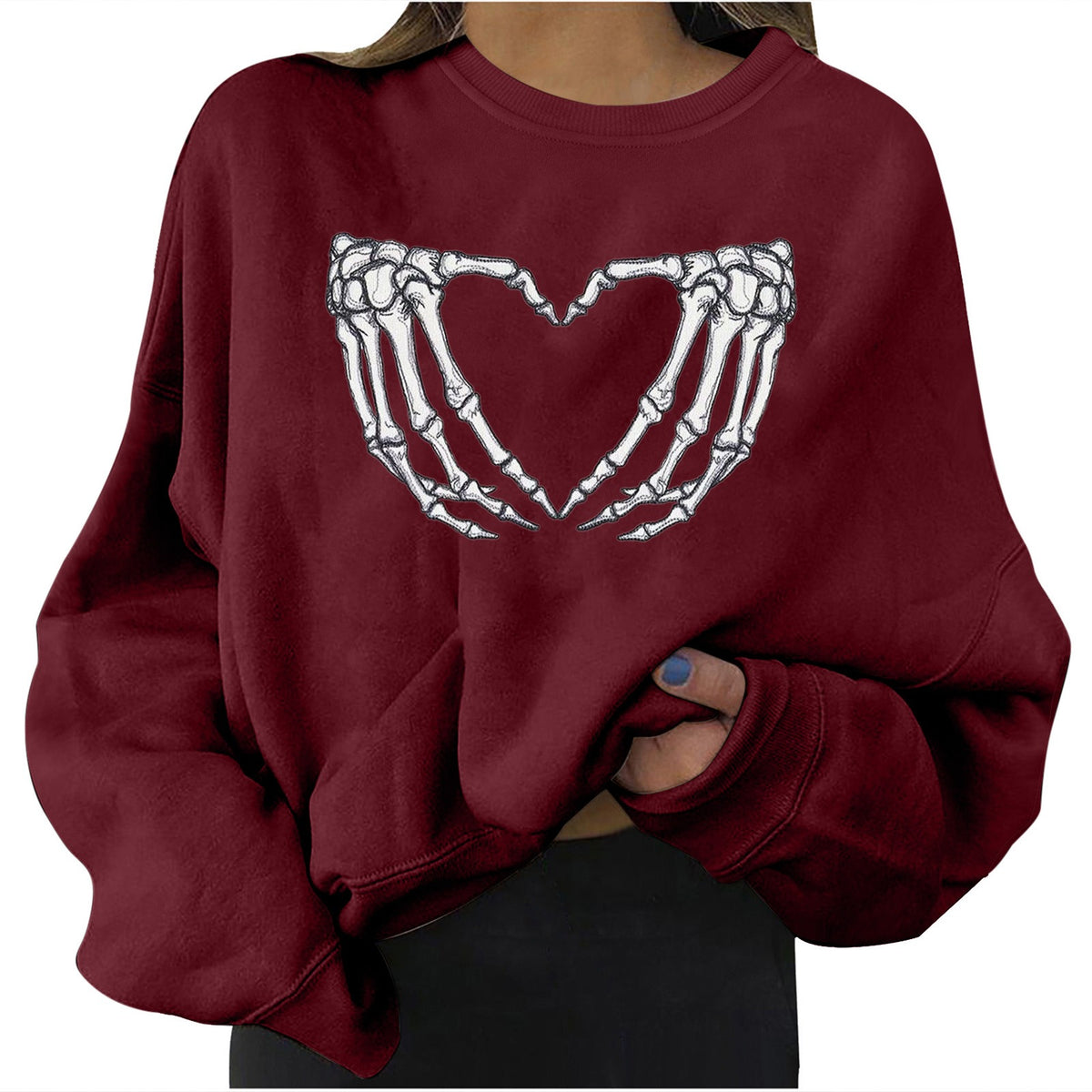 Elegant Skull Print Crew Neck Sweatshirt for Women