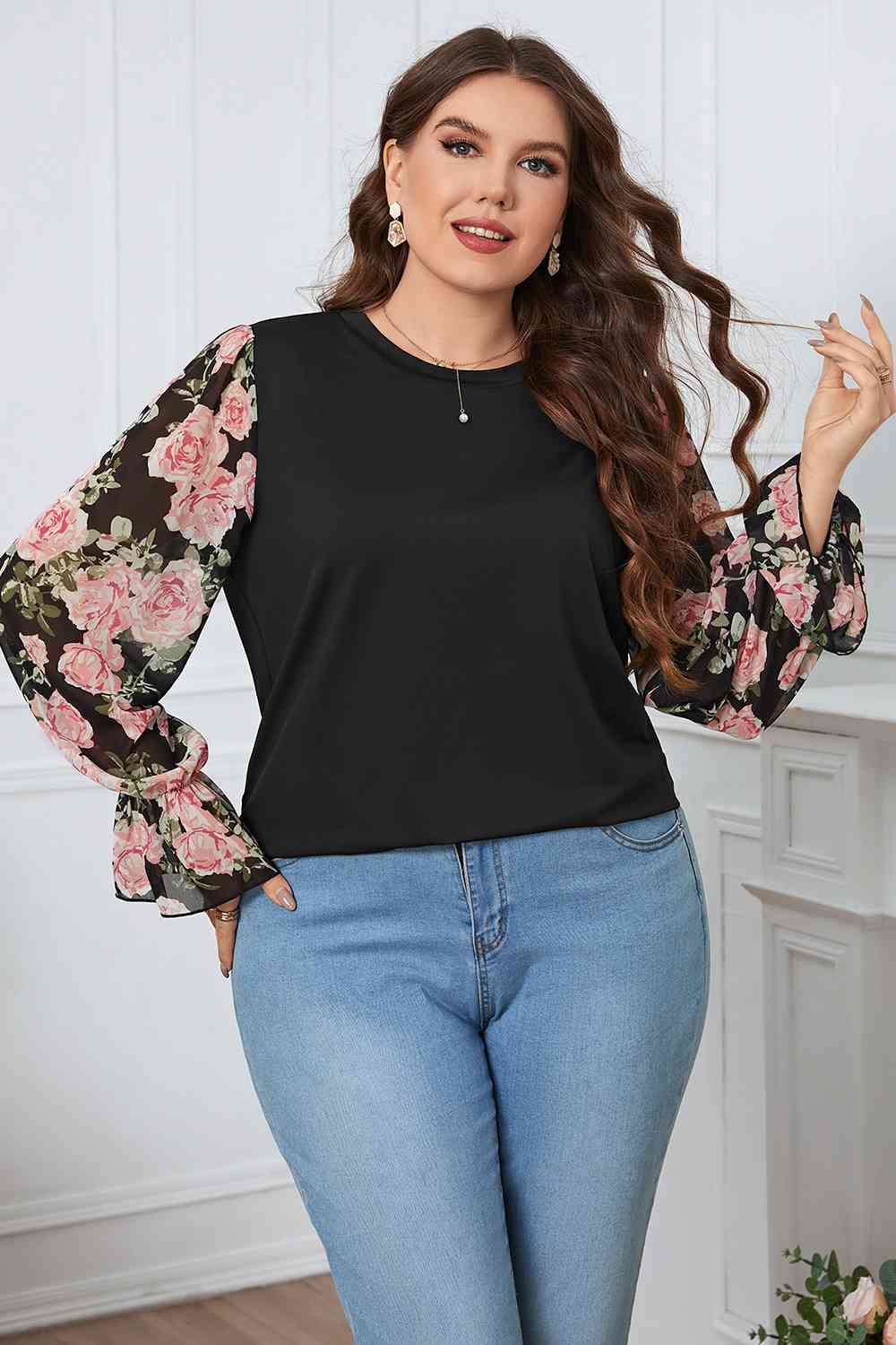 Curved Ruffled Floral Blouse