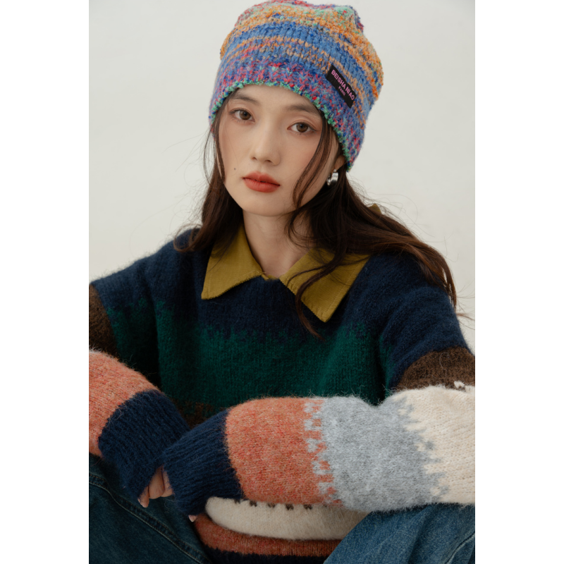 Pull en tricot rayé bleu marine rétro pour femme